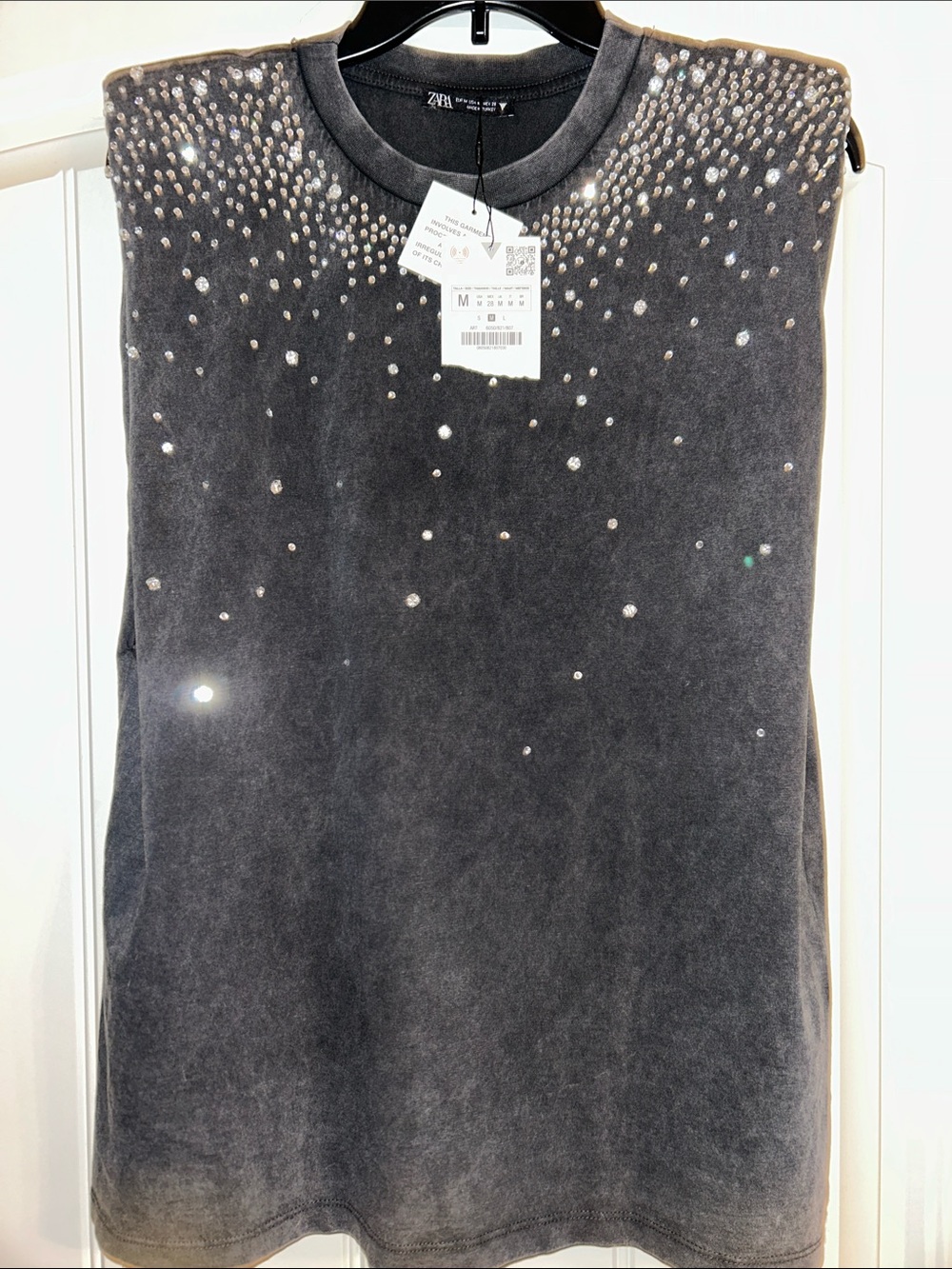 ZARA Charcoal Gray Sleeveless Top with Crystal Embellishments